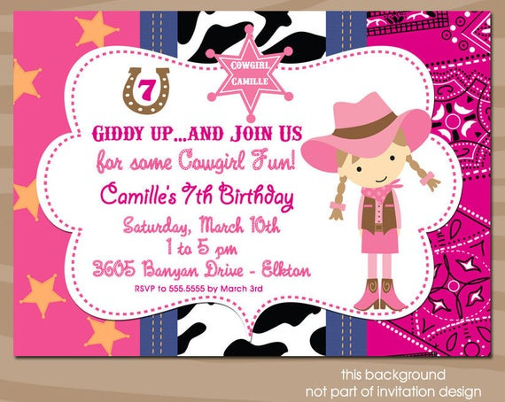 Cowgirl Birthday Party Invitations
 Western theme birthday party invitation Pink Cowgirl by