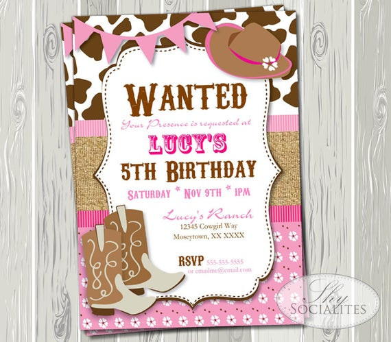 Cowgirl Birthday Party Invitations
 Pink Cowgirl Party Invitation Birthday or Baby Shower