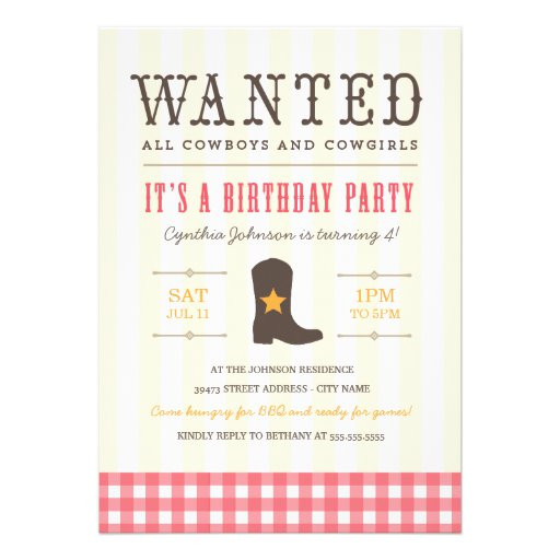 Cowgirl Birthday Party Invitations
 Yeehaw Cowgirl Birthday Party Invitation 5" X 7