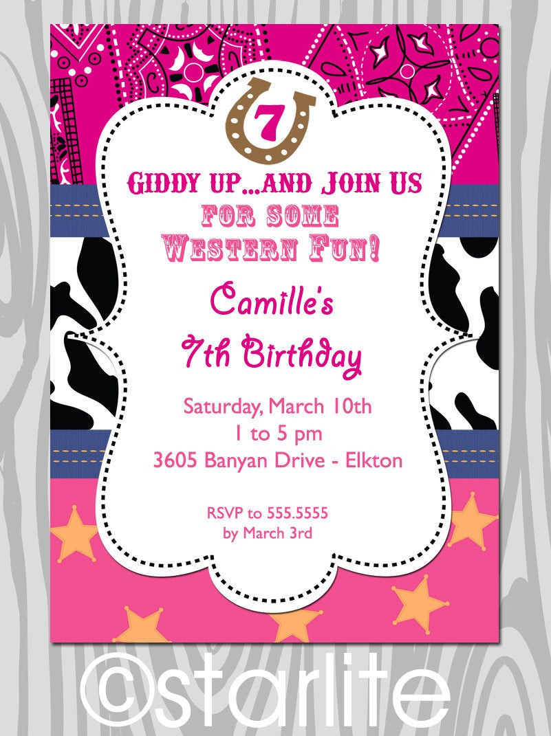 Cowgirl Birthday Party Invitations
 Cowgirl Western Birthday Party Invitation Cowgirl Birthday