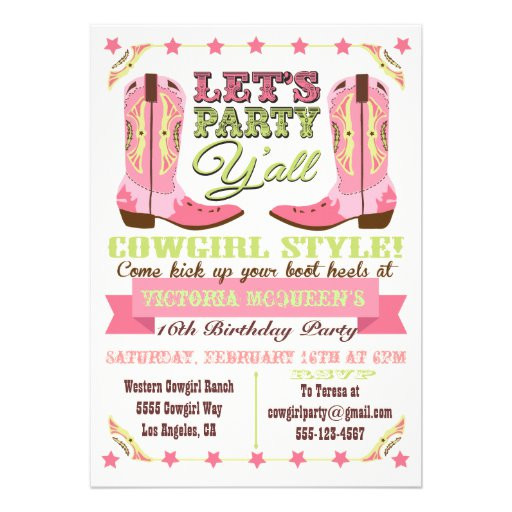 Cowgirl Birthday Party Invitations
 Cowgirl Western Birthday Party Invitations 5" X 7