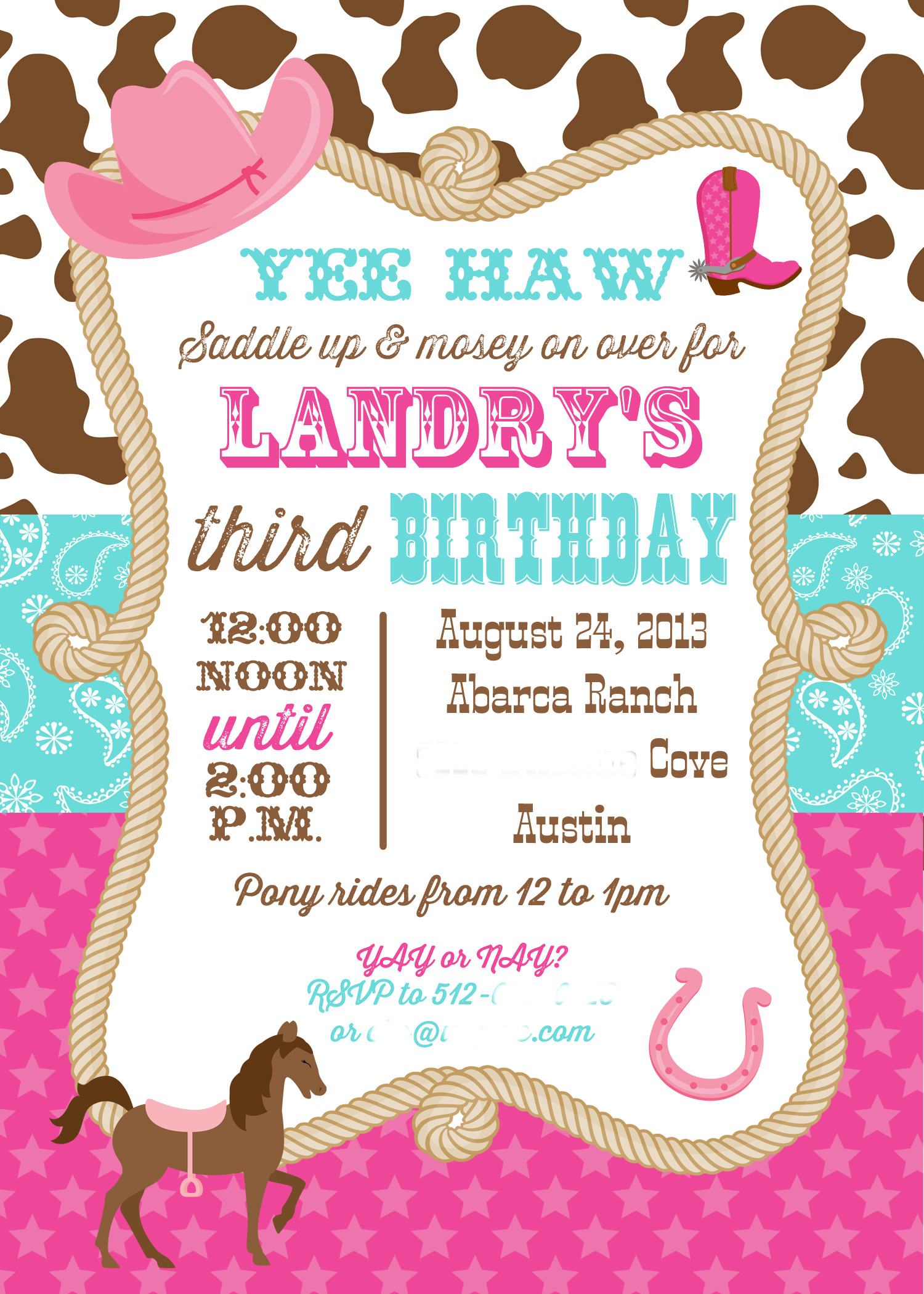 Cowgirl Birthday Party Invitations
 Landry’s Cowgirl 3rd Birthday Party