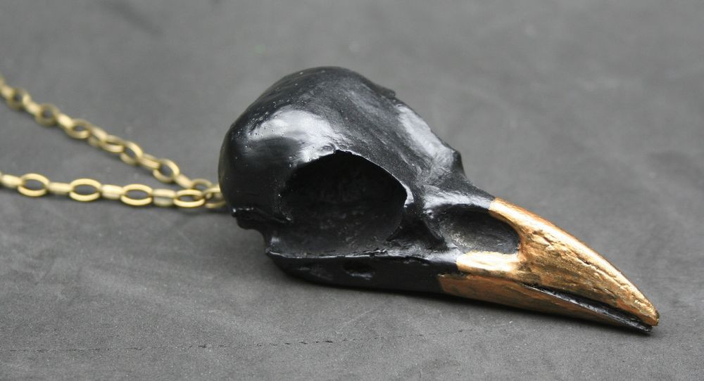 Crow Skull Necklace
 Antique Gold Crow Bird Skull Replica in Black&Gold