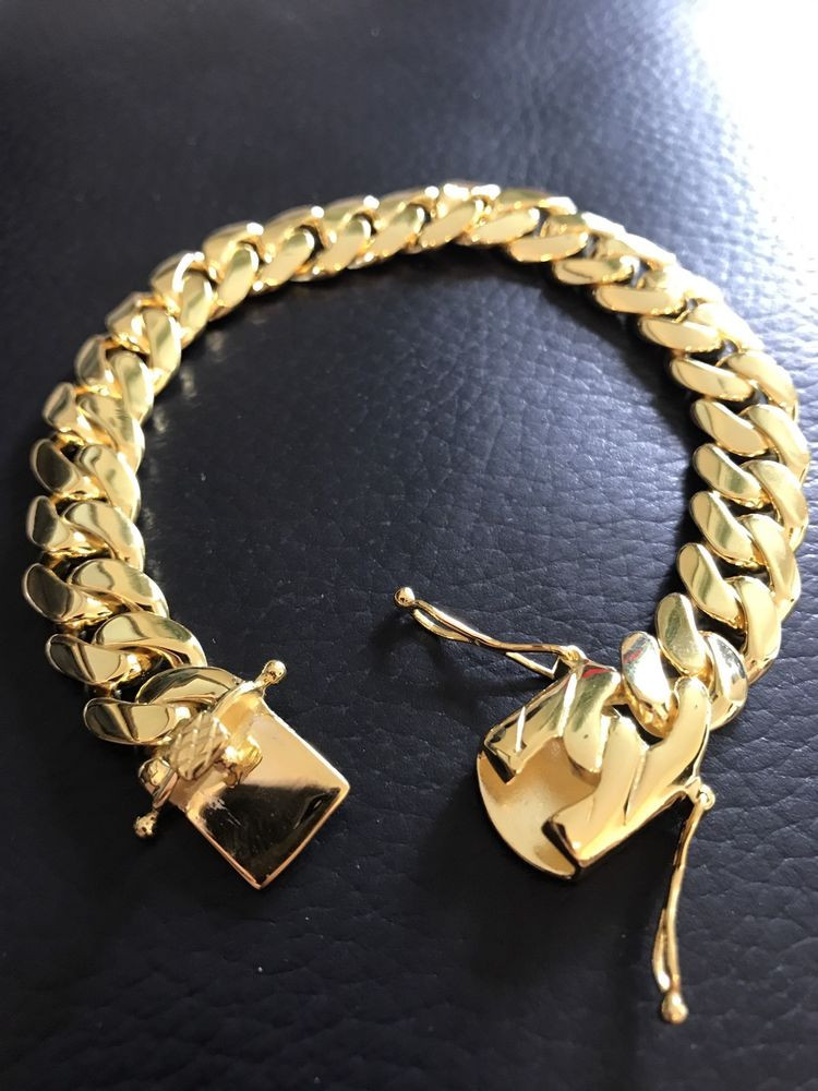Cuban Link Bracelet Gold
 Mens Cuban Miami Link Bracelet 14k Gold Over Solid 925