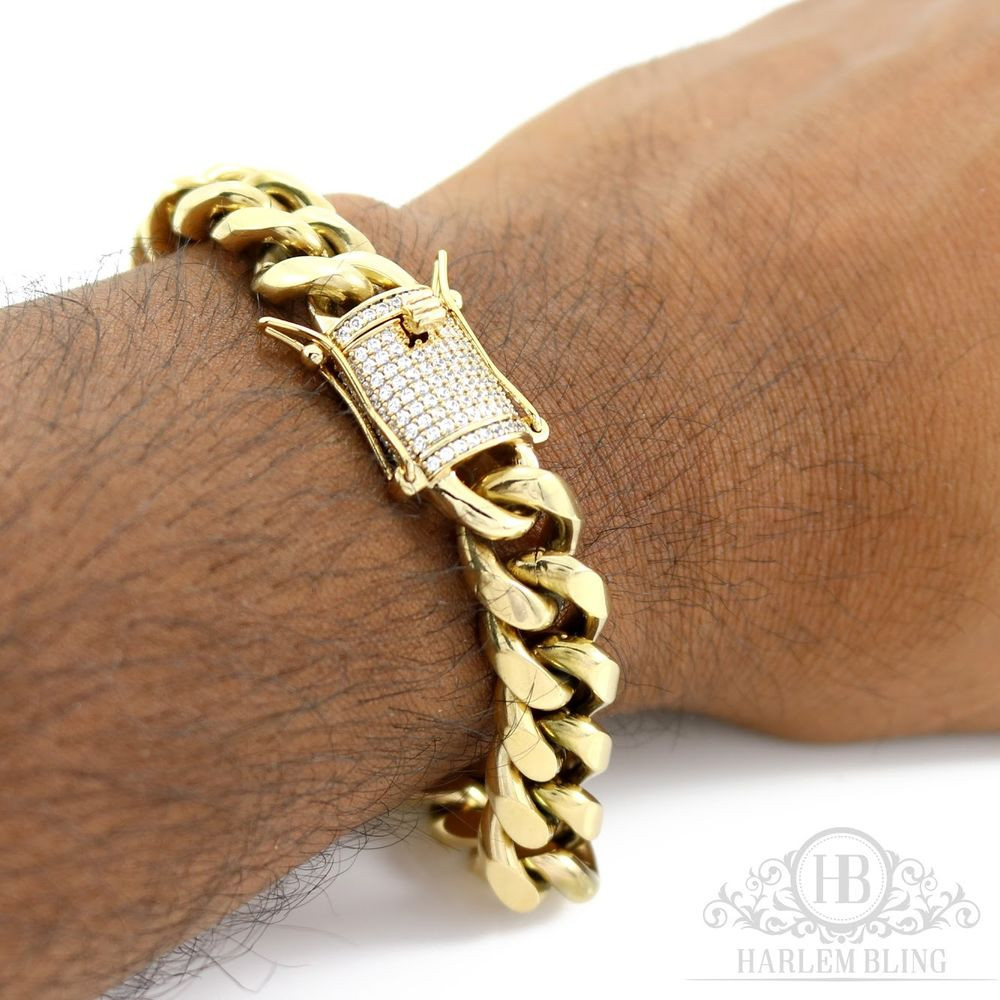 Cuban Link Bracelet Gold
 Men Cuban Miami Link 10mm Thick Bracelet Stainless 14k