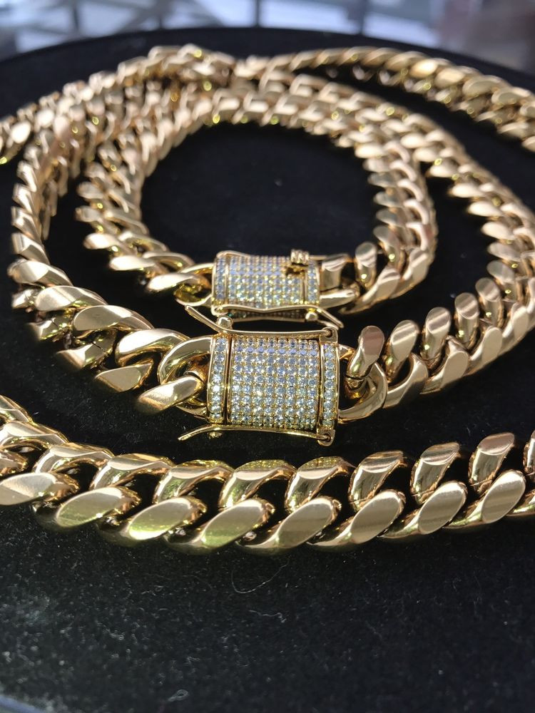 Cuban Link Bracelet Gold
 Mens Cuban Miami Link Bracelet & Chain Set 18k Gold Plated
