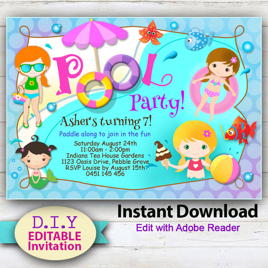 Cute Birthday Invitations
 EDITABLE Printable Pool Party Invitation Cute party