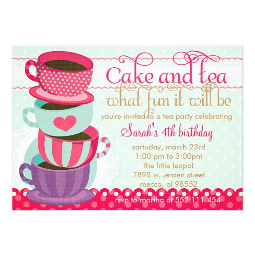Cute Birthday Invitations
 Fun Pink and Blue Cute Cups Tea Birthday Party 5x7 Paper