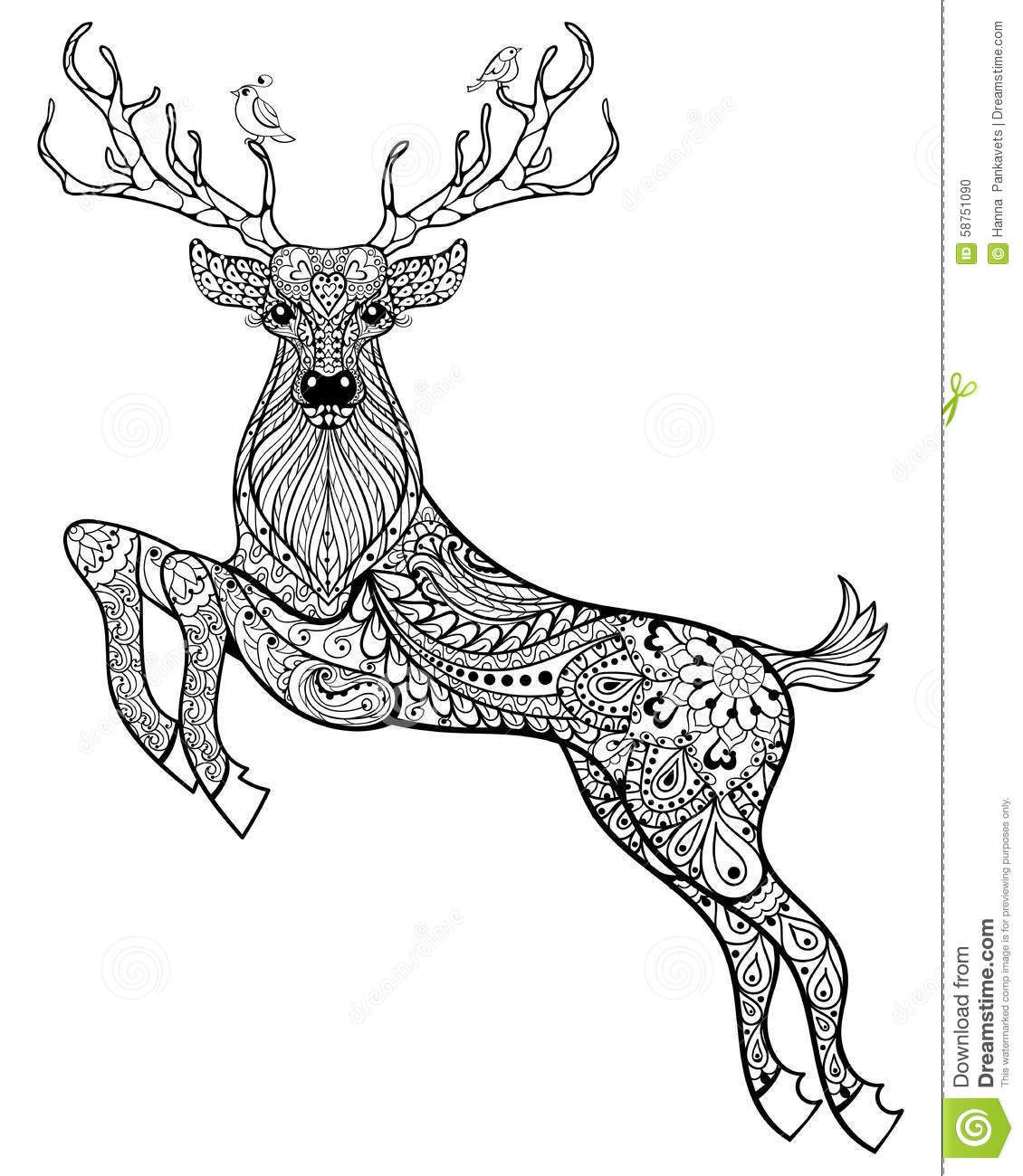 Deer Coloring Pages For Adults
 Hand Drawn Magic Horned Deer With Birds For Adult Anti