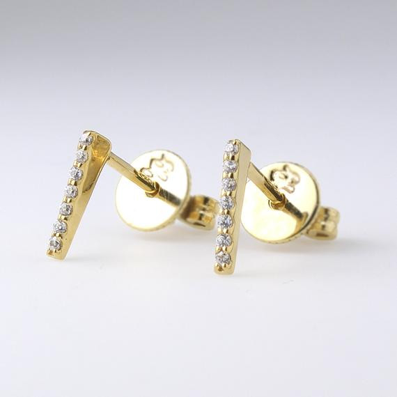 Diamond Bar Earrings
 Diamond Bar Stud Small Simple Earrings 14K Gold Bar Studs