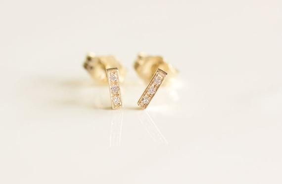 Diamond Bar Earrings
 14k Yellow Gold Diamond Bar Studs With White by KHIMJEWELRY
