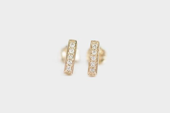 Diamond Bar Earrings
 14k gold diamond bar studs earrings diamond bar by