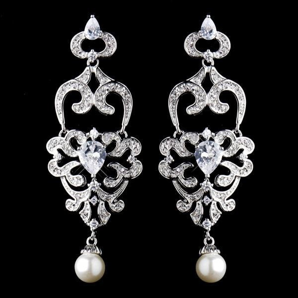 Diamond Chandelier Earrings
 Antique Silver Diamond White Pearl Chandelier Earrings