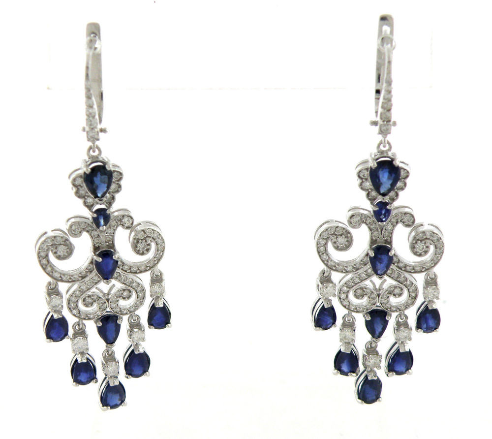 Diamond Chandelier Earrings
 NEW 14K WHITE GOLD DIAMOND BLUE SAPPHIRE CHANDELIER