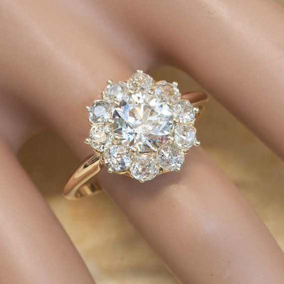 Diamond Flower Engagement Ring
 Antique Victorian 14K Yellow Gold Clustered Flower Diamond
