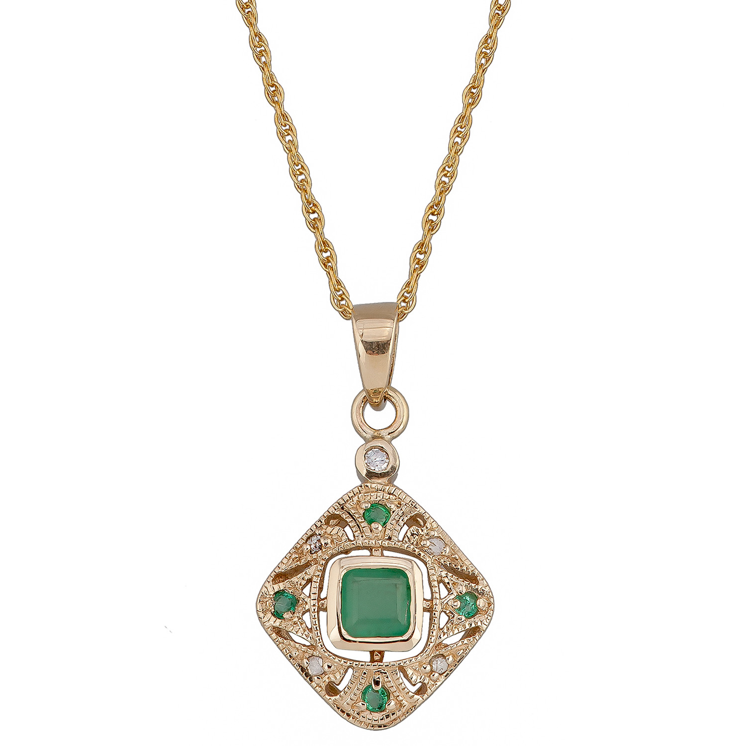 Diamond Pendant Necklace
 10k Yellow Gold Vintage Style Emerald and Diamond Pendant