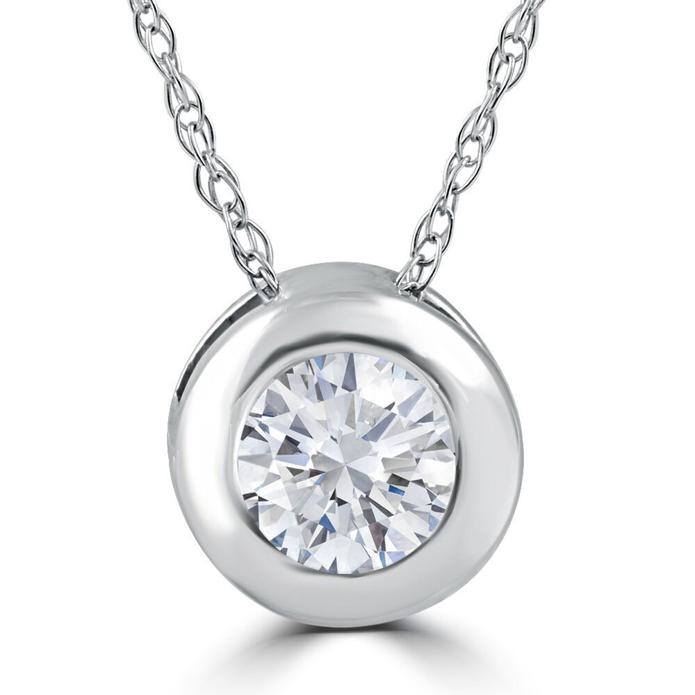Diamond Pendant Necklace
 1 3ct Round Bezel Solitaire Diamond Pendant 14K White Gold