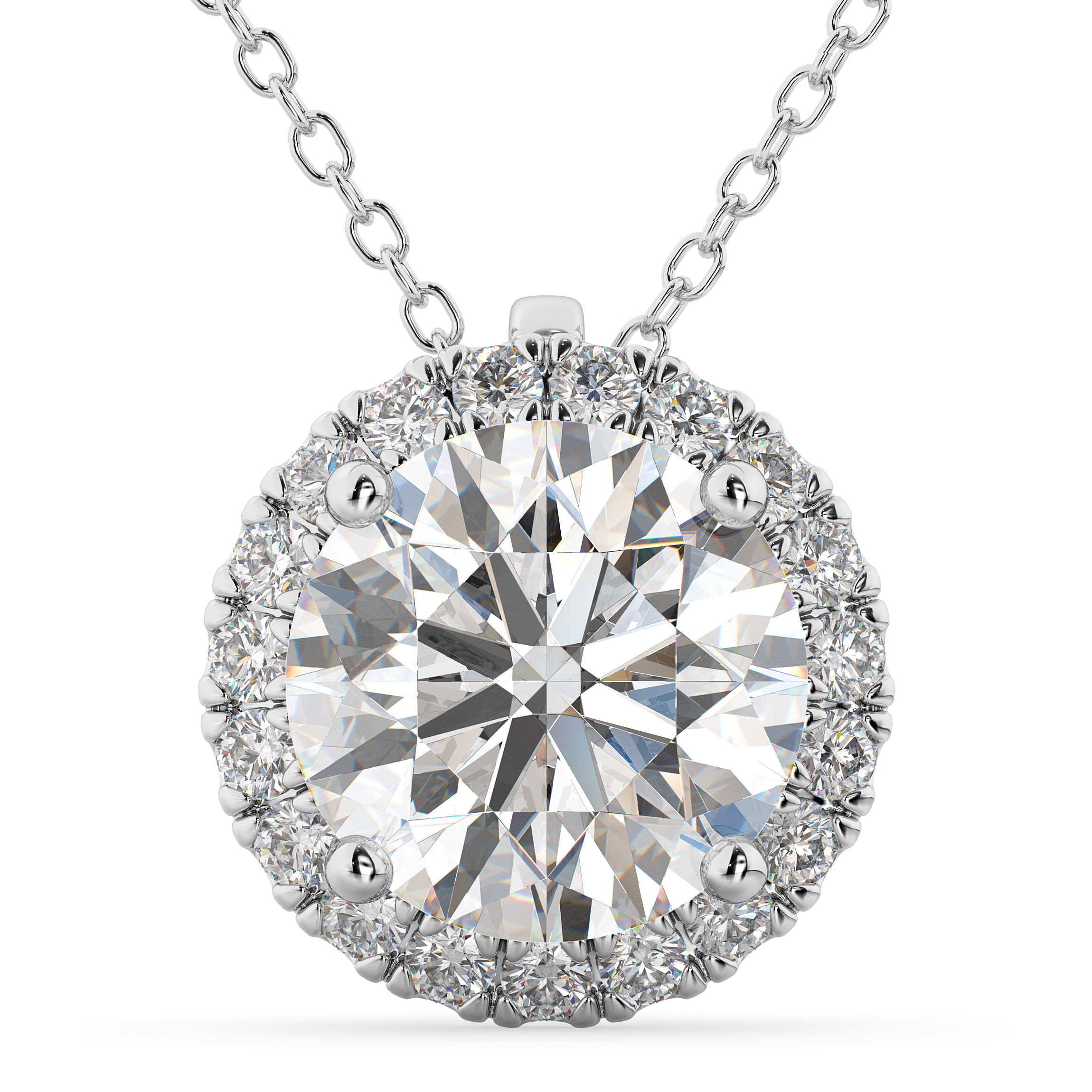 Diamond Pendant Necklace
 Halo Round Moissanite & Diamond Pendant Necklace 14k White