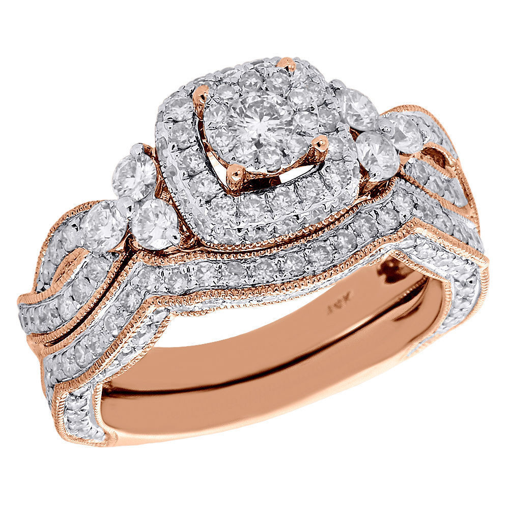 Diamond Ring Sets
 14K Rose Gold Round Cut Diamond Wedding Bridal Set Antique