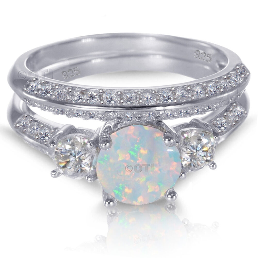 Diamond Ring Sets
 White Gold Sterling Silver Round Cut White Fire Opal