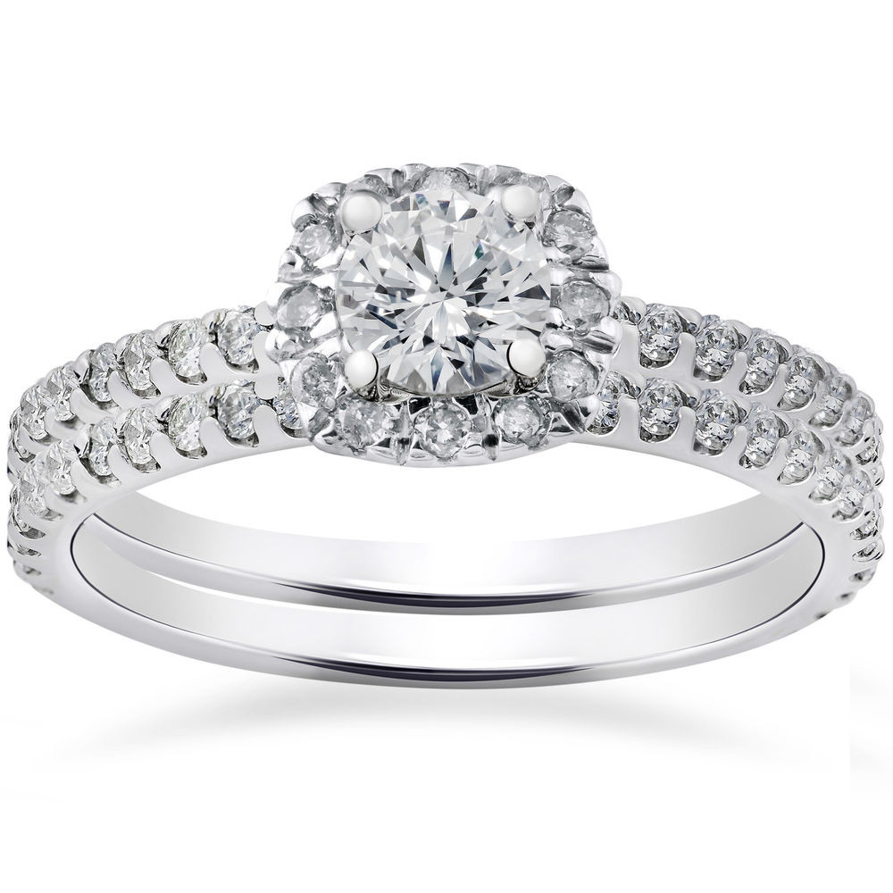 Diamond Wedding Ring Set
 7 8ct Cushion Halo Diamond Engagement Ring Set 14K White