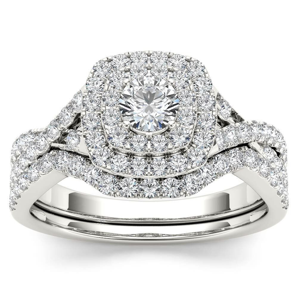 Diamond Wedding Ring Set
 De Couer 10k White Gold 7 8ct TDW Diamond Double Halo