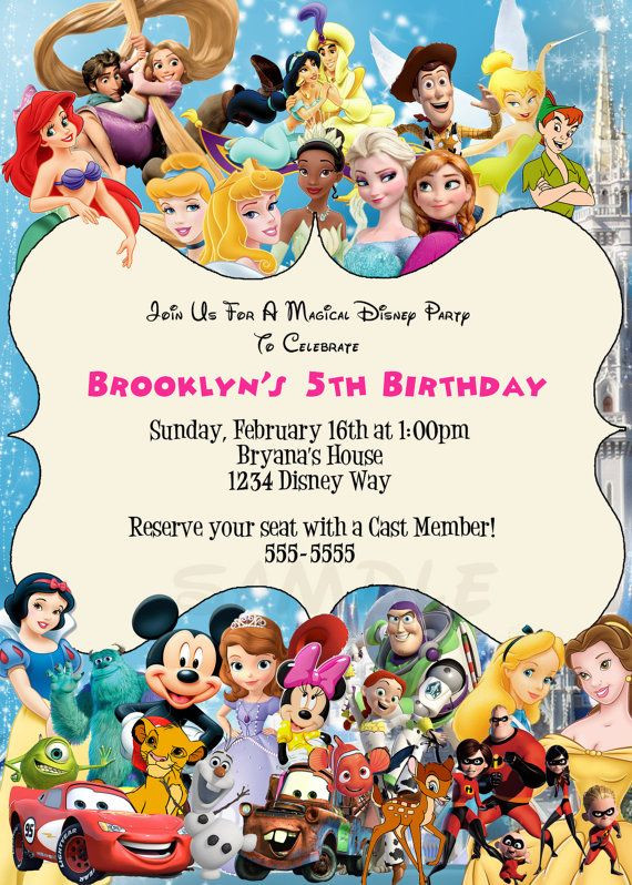 Disney Birthday Invitations
 Disney Characters birthday party custom by