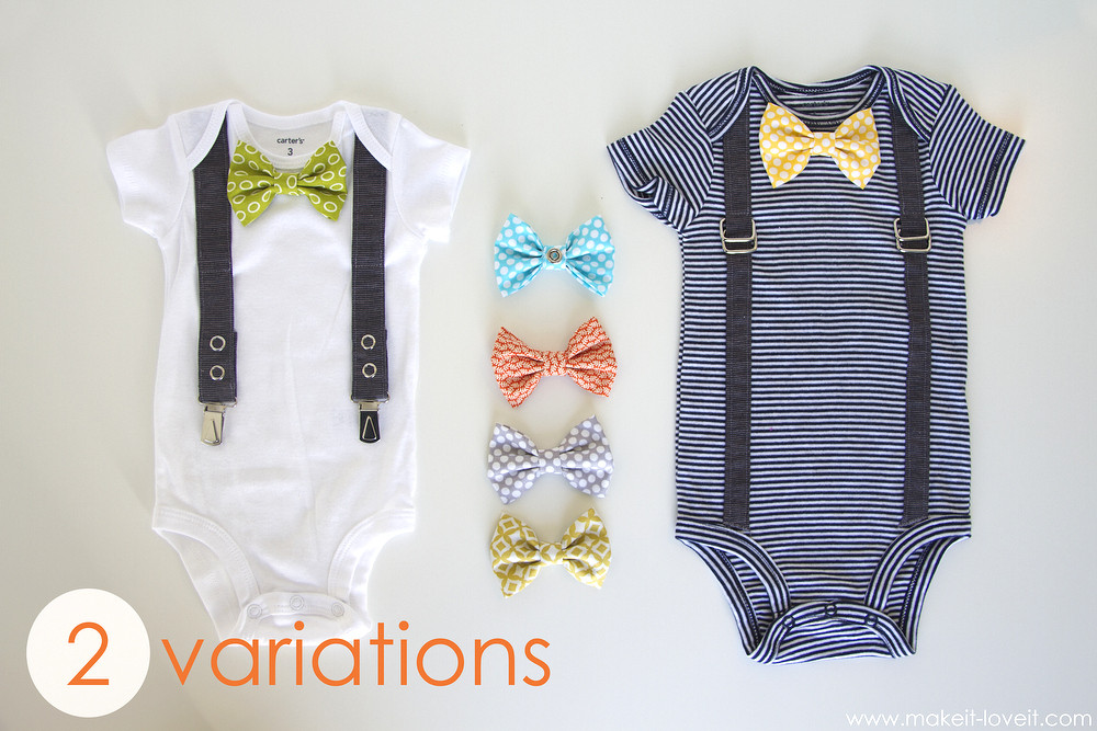 DIY Baby Bow Ties
 Interchangeable Bowtie esie with Attached Suspenders