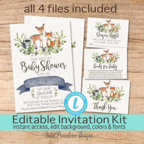 DIY Baby Shower Invitations Kits
 Baby Boy Woodland Animals Invitation Kit DIY Editable Shower