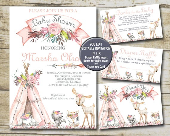 DIY Baby Shower Invitations Kits
 Girl Woodland Animals Baby Shower Invitation kit Pink Boho