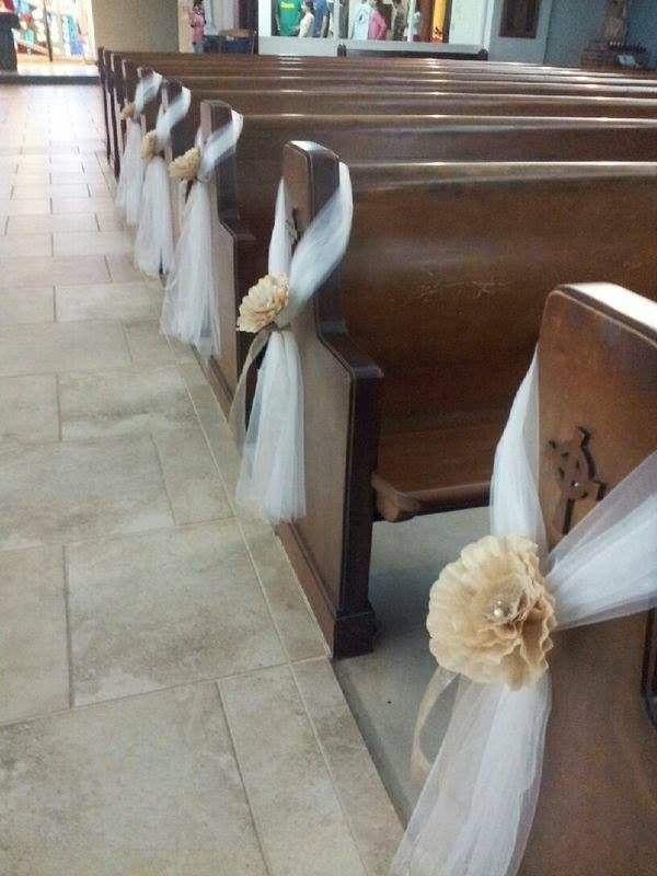 DIY Church Wedding Decorations
 More pew end ideas alternate ivory chair sash and roses