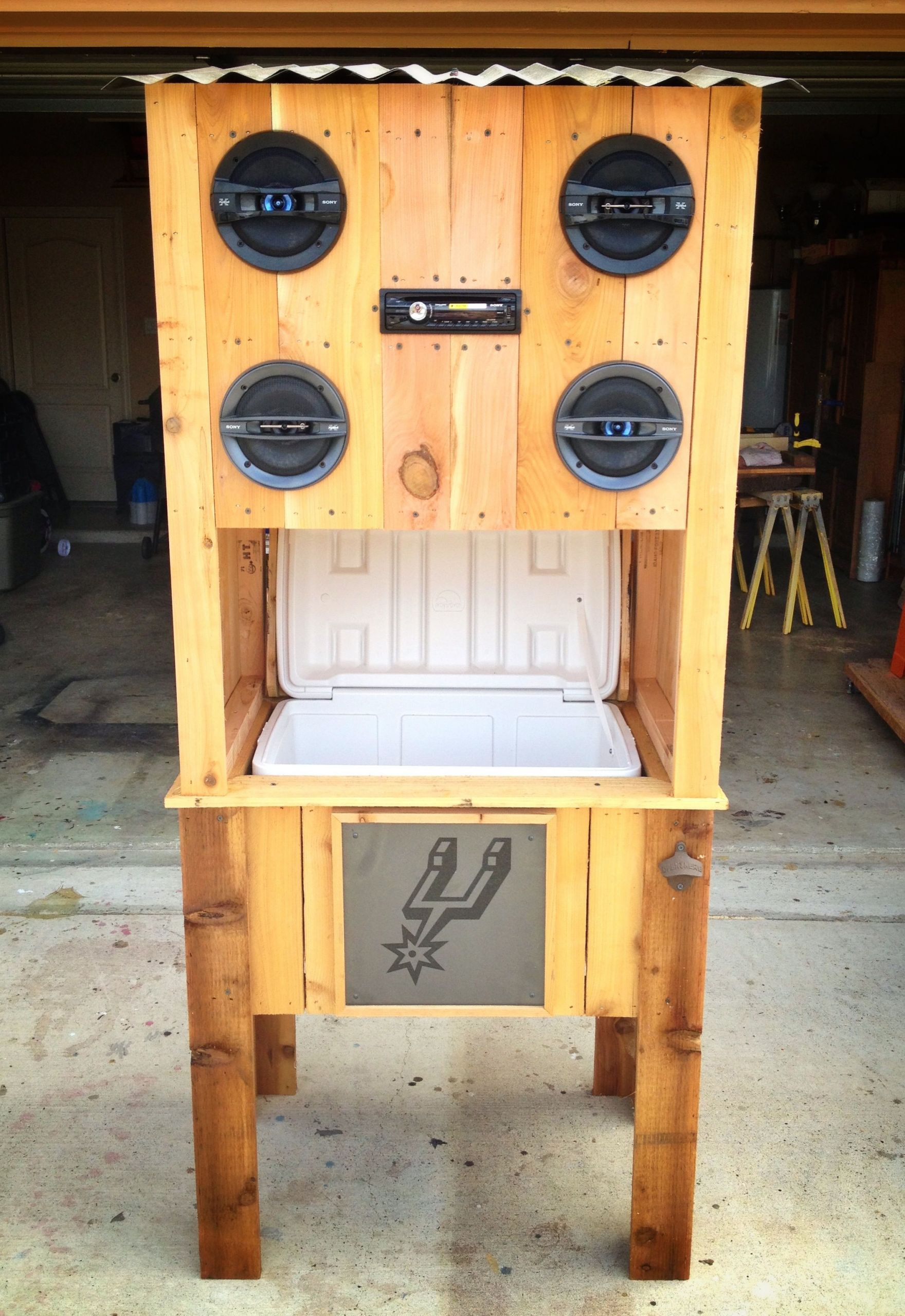 DIY Outdoor Speakers
 Spurs Cedar Cooler with Sony Stereo System