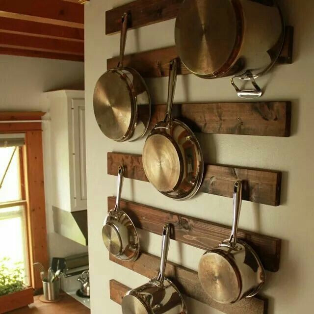 DIY Pots And Pans Rack
 Great idea Would look awesome with cast iron pans