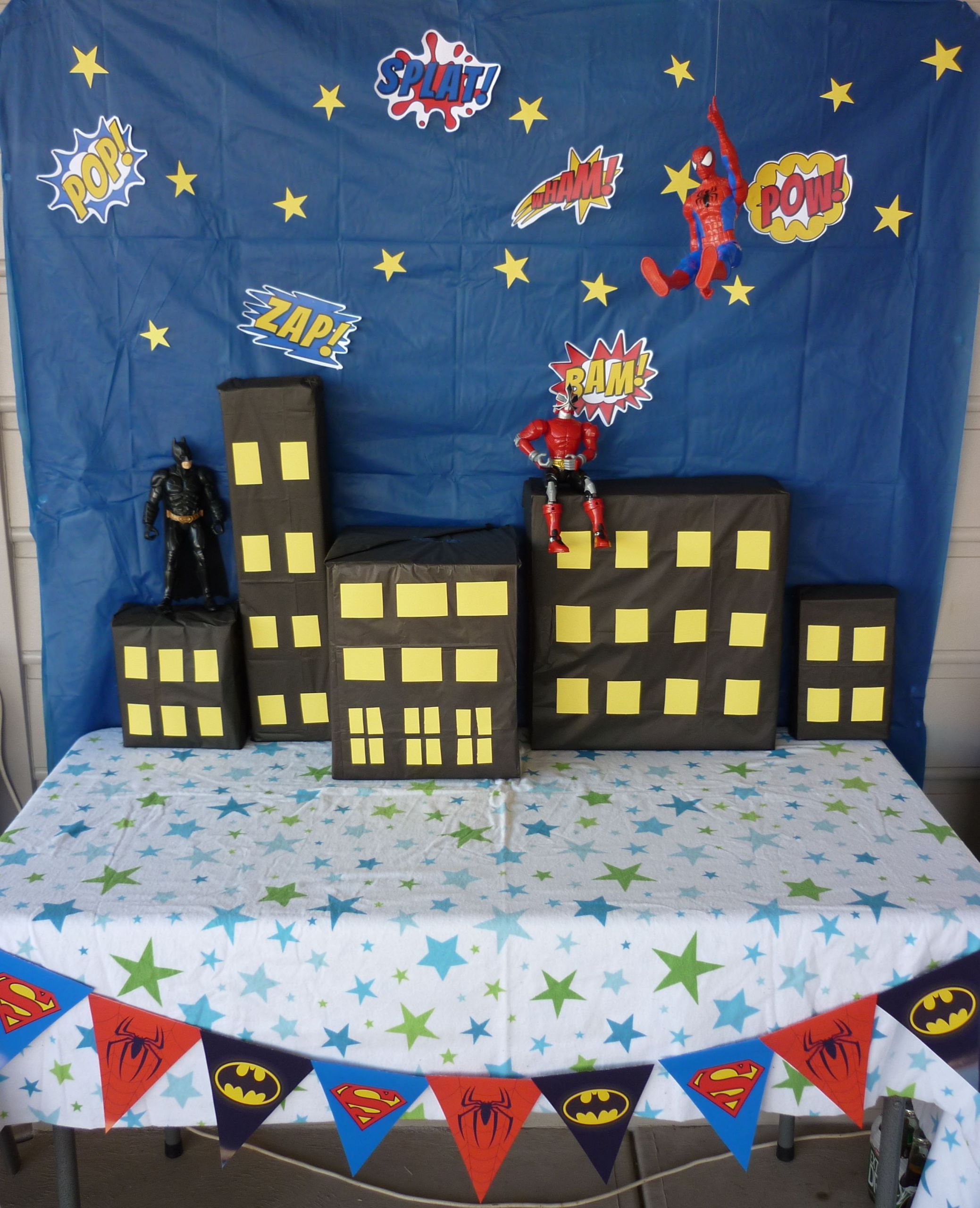 DIY Superhero Decorations
 Our DIY backdrop for Jackson s 6th Superhero Birthday