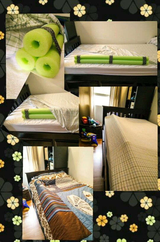 DIY Toddler Bed Rails
 Pool noodle bed rail bumper under the fitted sheet