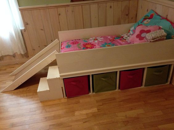 DIY Toddler Bed Rails
 DIY toddler bed with small slide and toy storage