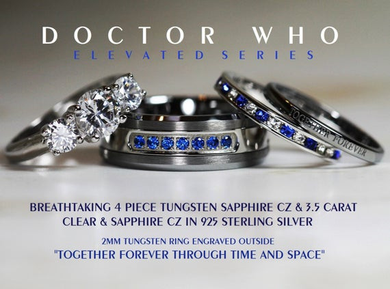 Dr Who Wedding Rings
 Breathtaking 4 Piece Doctor Who His 8mm SapphireTungsten