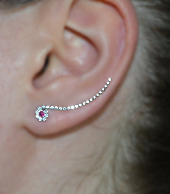 Ear Climber Earrings
 Ruby EAR CLIMBER Earring Silver Ear Cuff Pin Earrings