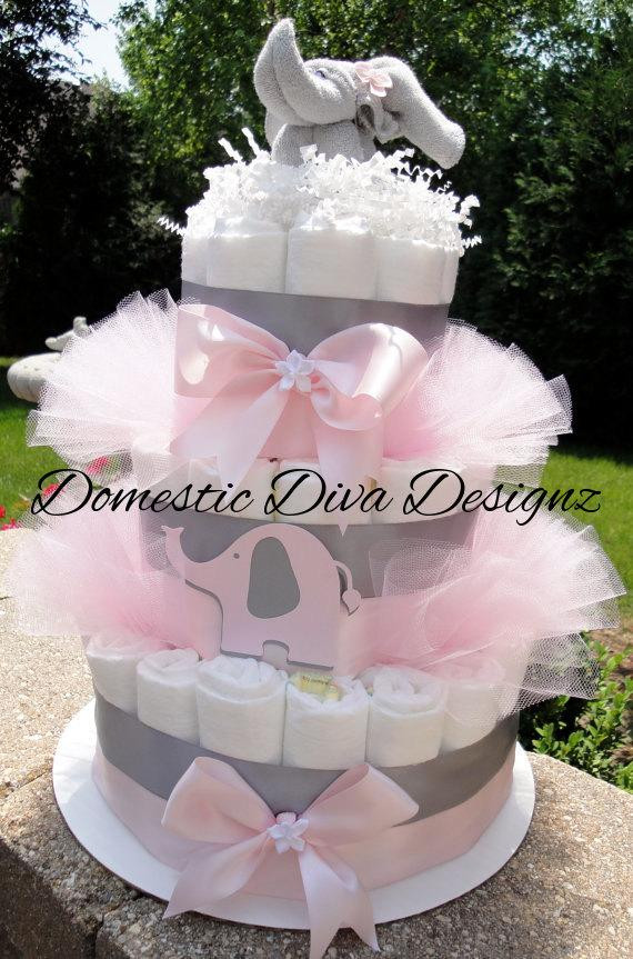 Elegant Baby Gifts
 Diaper Cake Light Pink & Gray Elegant Elephant Baby Girl