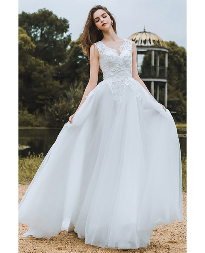 Elegant Lace Wedding Dresses
 Elegant Lace V neck Beach Wedding Dress Boho Long Tulle A