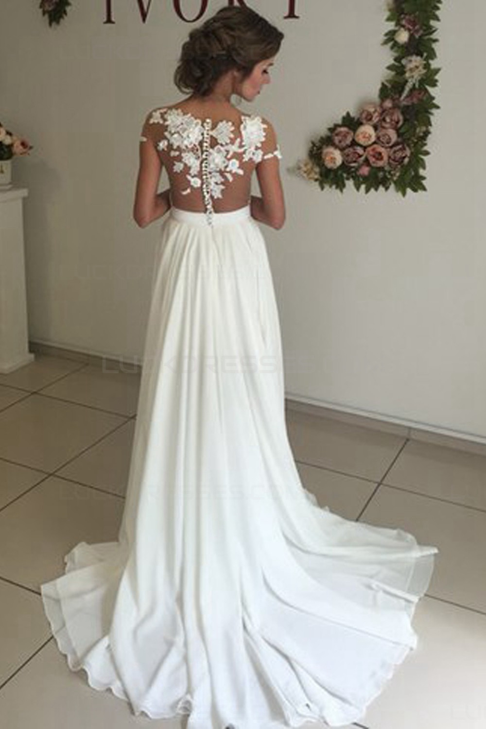 Elegant Lace Wedding Dresses
 Elegant Illusion Bodice Lace Chiffon Wedding Dresses