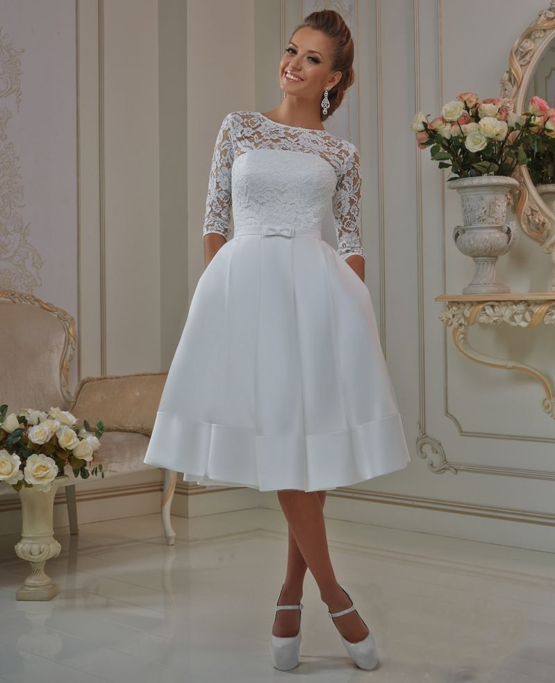 Elegant Lace Wedding Dresses
 Elegant Lace Sleeve Short Wedding Dresses 2016 Scoop Neck
