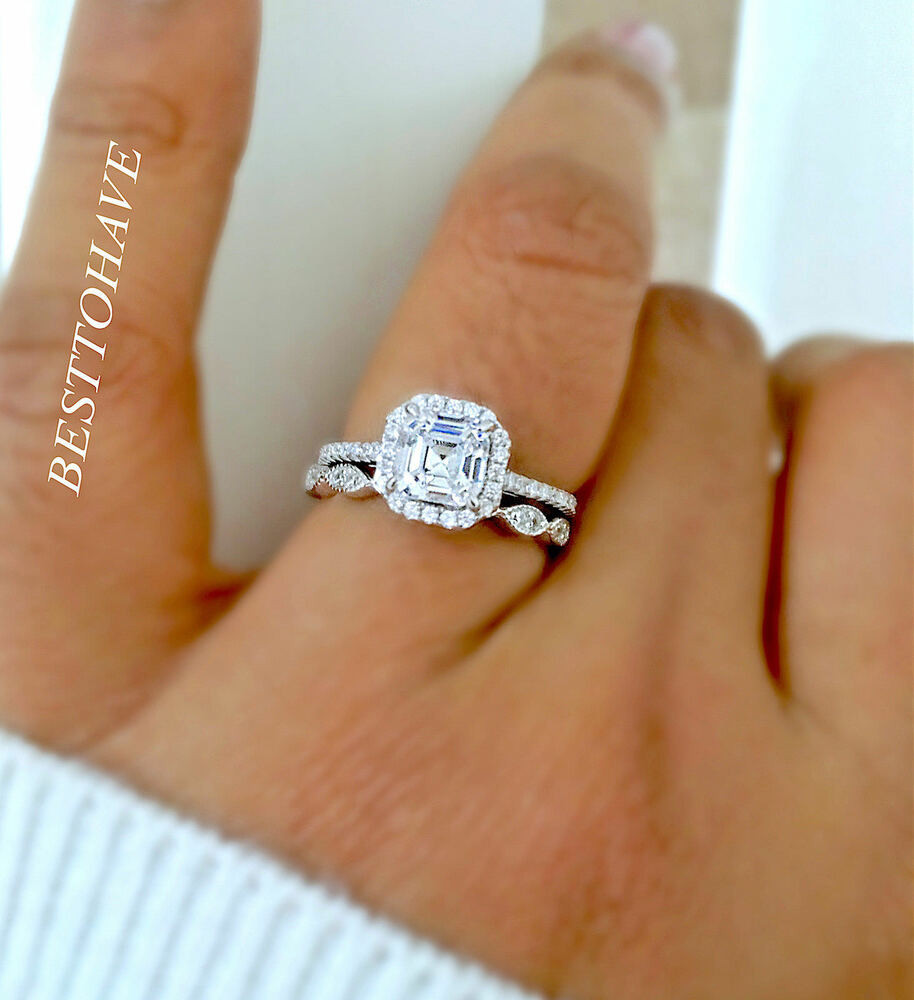 Engagement And Wedding Ring
 New 925 Silver La s 2 piece Asscher Cut Halo Wedding