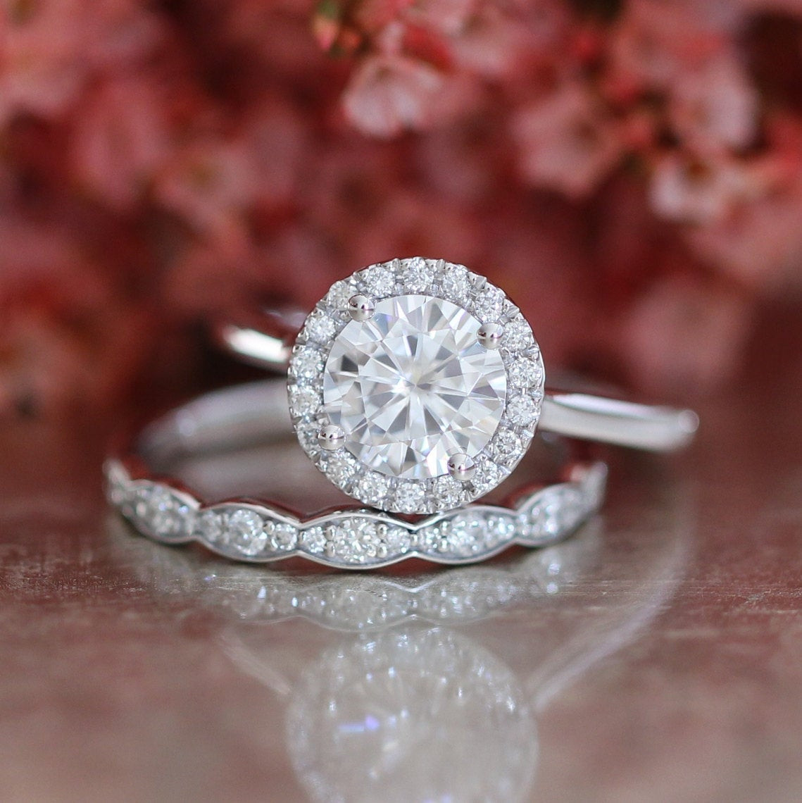 Engagement Rings And Wedding Bands Sets
 Forever e Moissanite Engagement Ring and Scalloped Diamond
