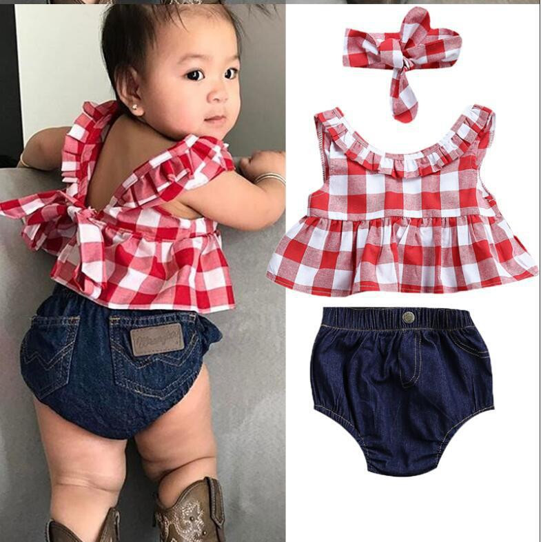 Fashion Baby Clothes
 2018 Summer baby girl clothing set Plaid Skirted T shirt