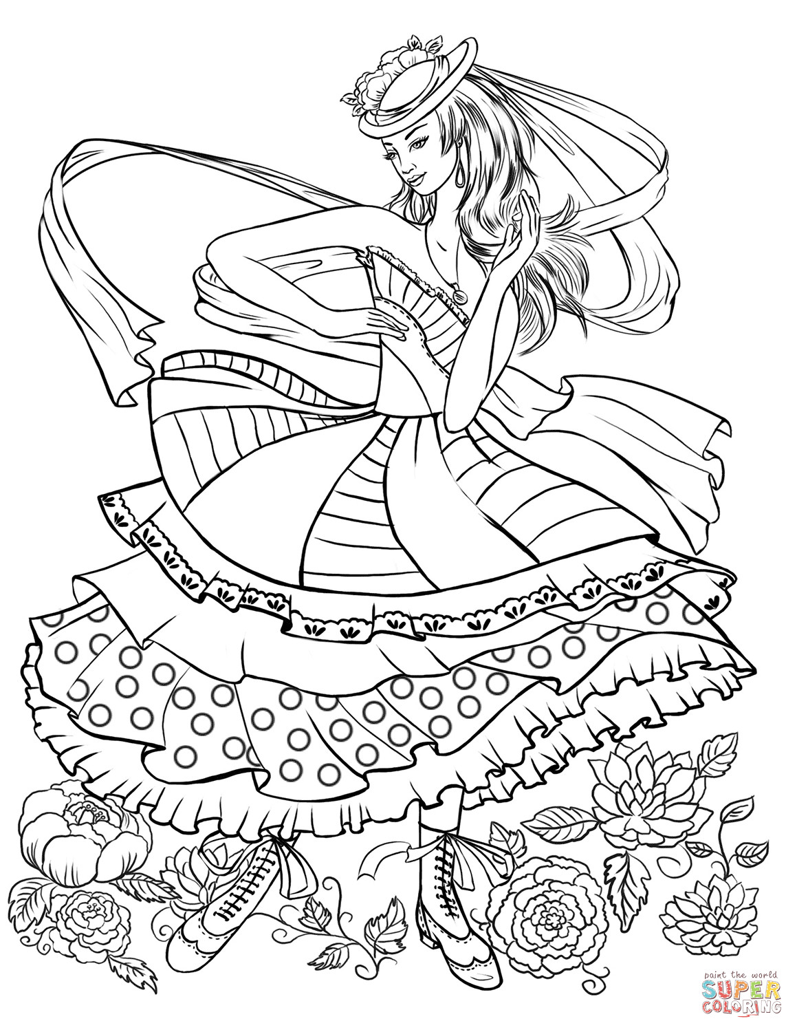 Fashion Coloring Pages For Girls
 Girl Dancing in a Vintage Fashion Clothing coloring page