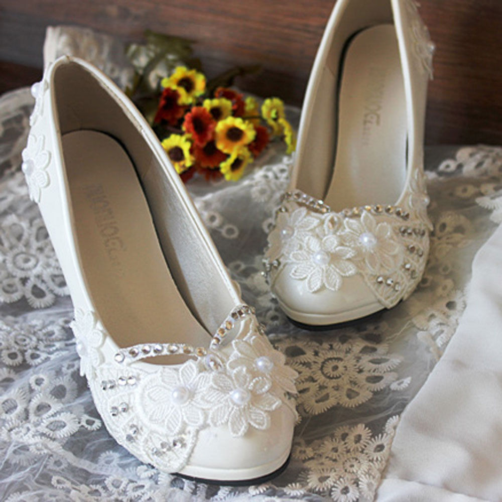 Flat Wedding Shoes With Rhinestones
 Bridal Crystal wedding shoes rhinestone Mid heel Lace flat