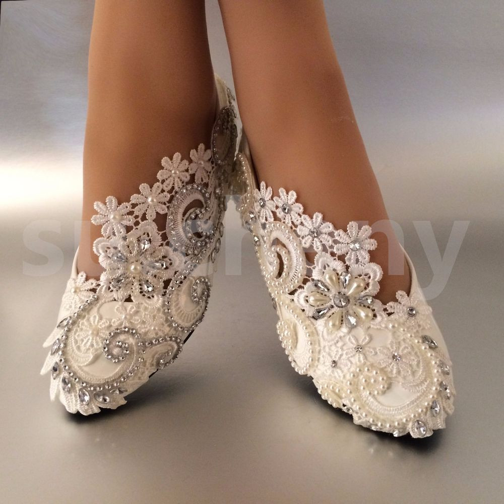 Flat Wedding Shoes With Rhinestones
 sueny White ivory pearls rhinestones lace flat Wedding
