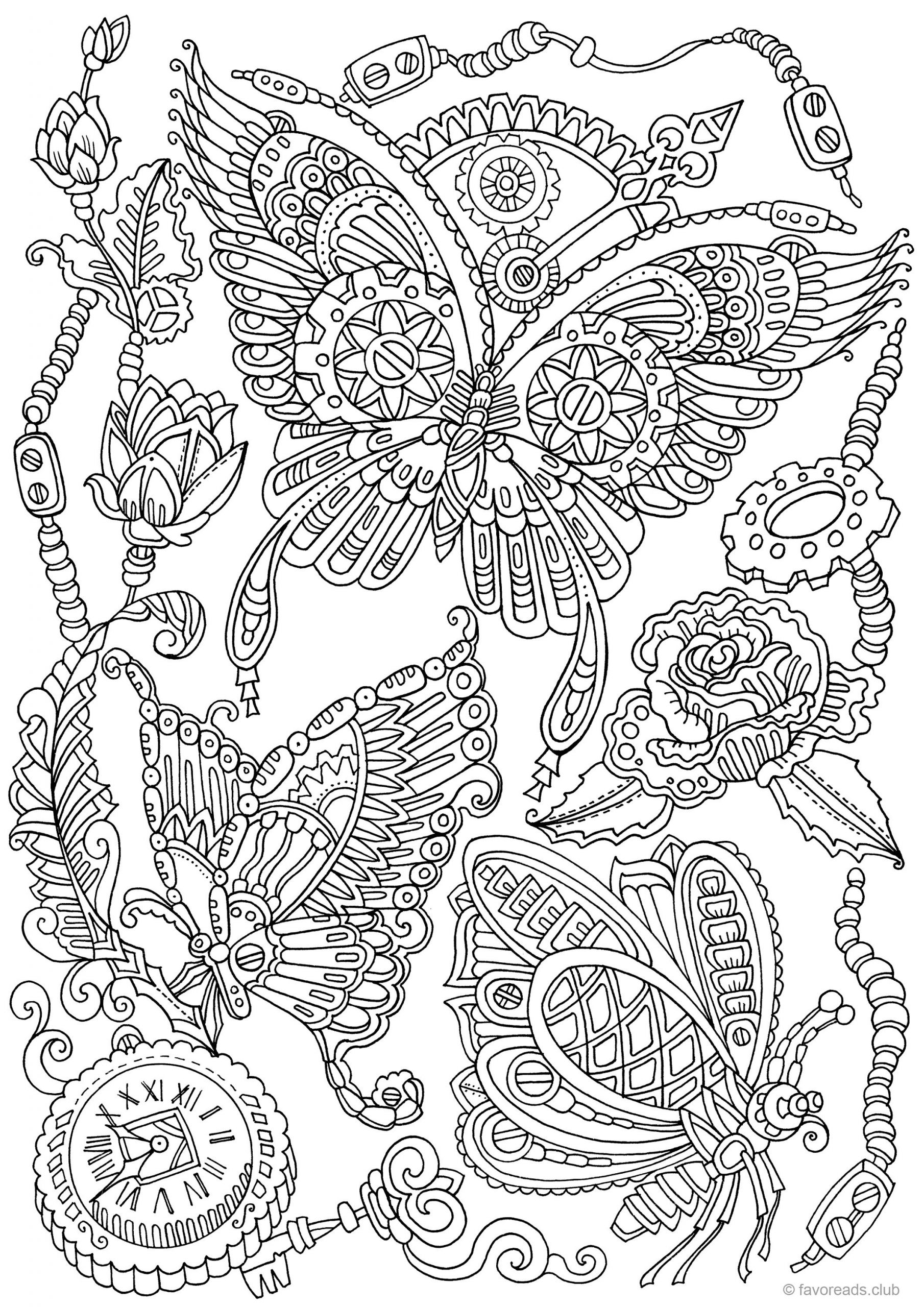 Free Adult Coloring Pages Printable
 Steampunk Butterflies Printable Adult Coloring Page from