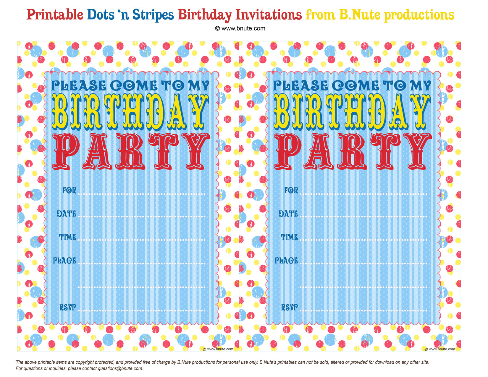 Free Birthday Invitations
 bnute productions Free Printable Dots n Stripes Birthday